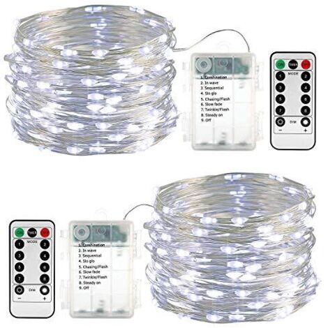 Lot de 2 guirlandes lumineuses LED à piles de 10 m (100 LED), étanches, pour l'extérieur, avec télécommande, minuterie et intensité variable (blanc).