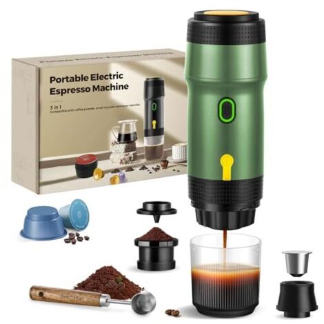 Cafetière portable 3 en 1, 20 bars, extraction à 92 °C, batterie 7500 mAh, chargement allume-cigare USB/12 V, machine à expresso pour capsules et café moulu (verte)