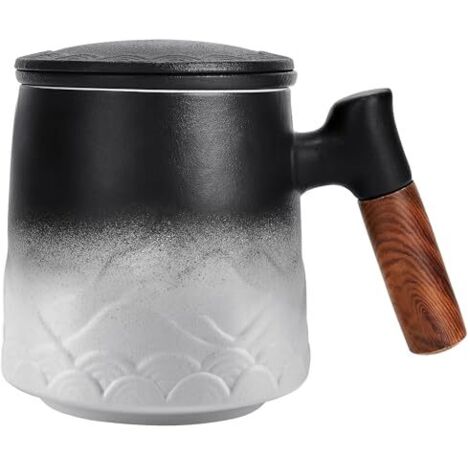 Mug en céramique avec filtre et couvercle, grande tasse à infusion avec anse en bois, cadeau (blanc)