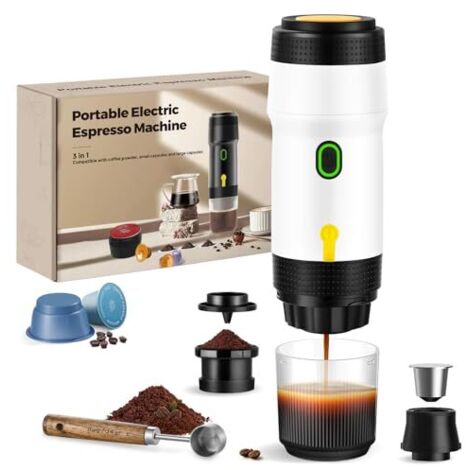 Cafetière portable 3 en 1, 20 bars, extraction à 92 °C, batterie 7500 mAh, chargement allume-cigare USB/12 V, machine à expresso pour capsules et café moulu (blanche)