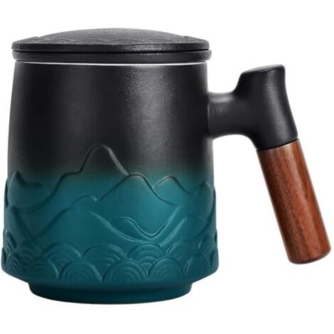 Mug en céramique avec filtre et couvercle, grande tasse à infusion avec anse en bois, coffret cadeau (vert)