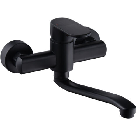 Robinet mural pour évier de cuisine pivotant à 360° en acier inoxydable, bec réglable, levier unique, bras pivotant de 20 cm inclus, noir