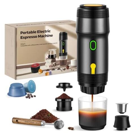 Cafetière portable 3 en 1, 20 bars, extraction à 92 °C, batterie 7500 mAh, chargement allume-cigare USB/12 V, machine à expresso pour capsules et café moulu (noir)