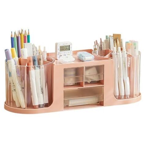 Porte-stylo, organiseur de bureau à double rotation, 14 compartiments, grande capacité, tiroir transparent à double couche, peut contenir des crayons et divers articles de papeterie (rose)