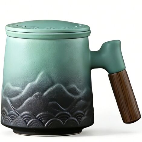 Mug en céramique avec filtre et couvercle, grande tasse à infusion avec anse en bois, coffret cadeau (cyan)