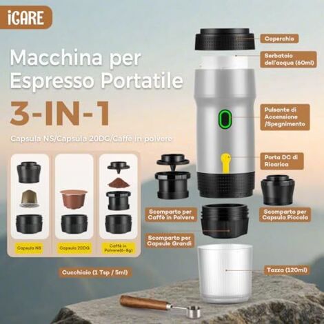 Machine à Café Portable 3 En 1 Capsules Et Moulu - 15 Bars - Rechargeable USB-C - Pour Voyage, Camping, Bureau