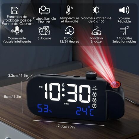 Réveil Projecteur Plafond Numérique 180° - Horloge LED Avec Température, Snooze Et USB Projecteur Heure Mur Plafond