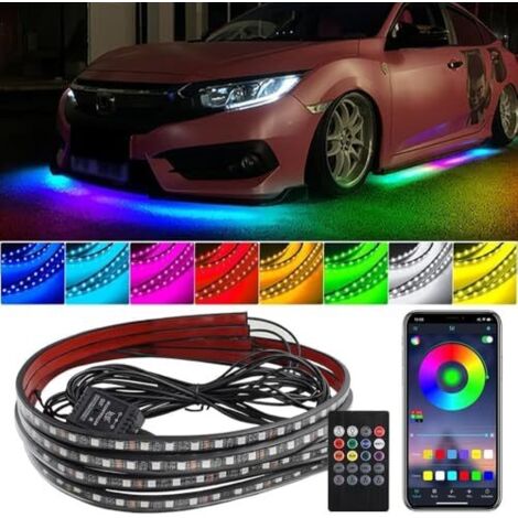 Kit de 4 éclairages LED RGB étanches pour voiture, avec mode musique et éclairage d'ambiance extérieur. Compatible avec application Bluetooth et télécommande. Alimentation 12 V CC. 2 bandes de 47 pouc