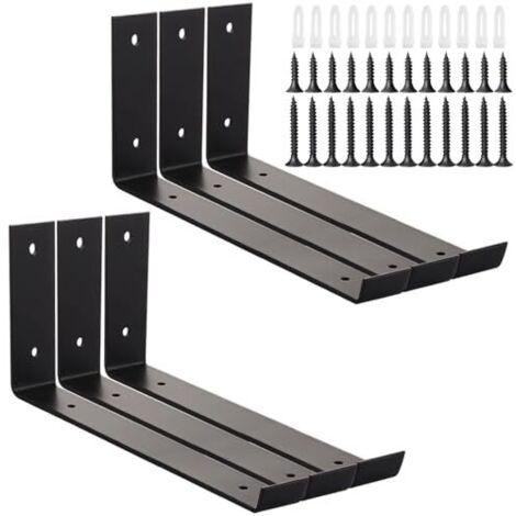 [JAMAIS UTILISÉ] Lot de 6 supports d'étagère robustes de 225 mm (8,8 pouces) pour planches d'échafaudage, avec rebord, en métal de 4 mm d'épaisseur, fixation murale flottante, noir.