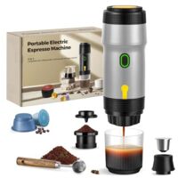 Cafetière portable 3 en 1, 20 bars, extraction à 92 °C, batterie 7500 mAh, chargement allume-cigare USB/12 V, machine à expresso pour capsules et café moulu (argent)