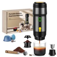 Cafetière portable 3 en 1, 20 bars, extraction à 92 °C, batterie 7500 mAh, chargement allume-cigare USB/12 V, machine à expresso pour capsules et café moulu (noir)