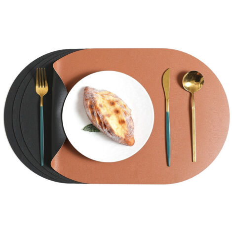 Set de Table Lot de 6,44.5300.18cm Set de Table Cuir et Dessous de Verre Double Face Set de Table Lavable ImperméAbles Set de Table Rond Plastique Dessous de Table (Noir & Marron, Lot de 6)