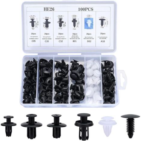 100 Pièces Clips Voiture Universel, 6 Taille Clips de Fixation Voiture Outils, Rivet Plastique, Agrafes Carrosserie pour Pare-Chocs Porte de Voiture Fender Push Kit de Remplacement