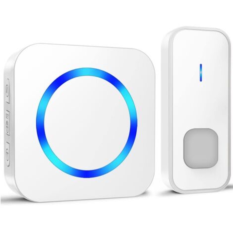 Sonnette sans Fil de Porte 400M Étanche Kit de Carillon Electronique avec Pile, 55 Mélodies au 5 Niveaux Volumes pour Maison, Indicateur LED Bleu, Blanc NPTERBL