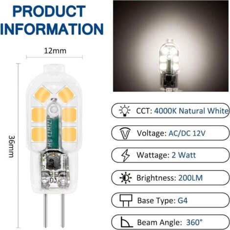 Lot De 6 Ampoules LED G4 1.2W - Équivalent 10-20W Halogène, 12V, 3000K Blanc Chaud - Neuf Emballé