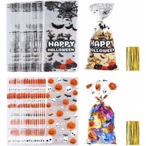 100 Pièces Sacs de Bonbon Friandises en Cellophane d’Halloween Sachets de Cadeaux Transparents avec 100 Pièces Cravates Torsadées pour Fournitures de Fête de Halloween (1/4)