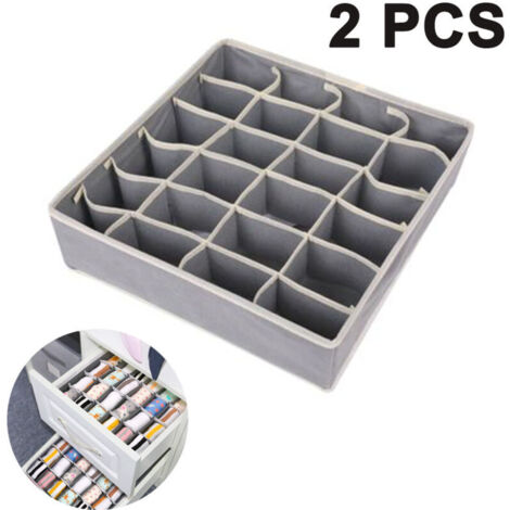 Lot de 2 boîtes de rangement pour sous-vêtements et autres petits accessoires, séparateurs de tiroirs pliables à 24 cellules pour le rangement de chaussettes, écharpes, soutiens-gorge, gris (1/4)