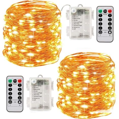 2 x10m Guirlande LED Lumineuse à Pile 100 LEDs Fonction Minuterie avec Télécommande IP65 Etanche Décoration intérieur et extérieur pour Noël Mariage Soirée Maison Jardin - Blanc Chaud (1/4)