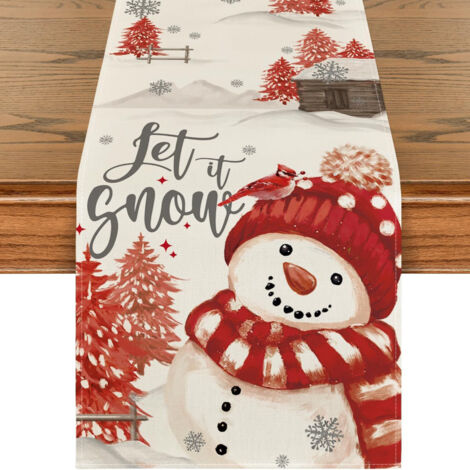 Chemin de Table Rouge Motif Bonhomme de Neige et Oiseaux - Lavable - Moderne - Hiver - Cuisine - Table à Manger - Décoration 40 x 140 cm, STYLE 2