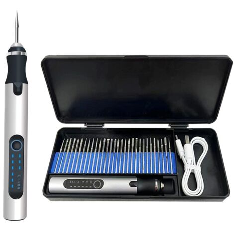 Stylo Graveur Électrique, Graveur Électrique Mini Outil Graver Bricolage, Mini Stylo De Gravure USB Rechargeable Stylo Graveur Multifonctionnel, Pour Bijoux Métal Verre Pierre Plastique Bois, Argent (1/4)