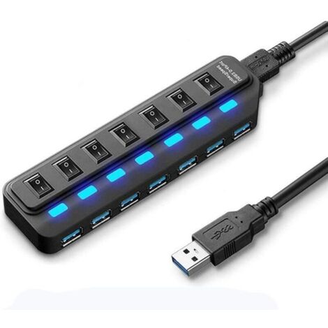 [JAMAIS UTILISÉ] Répartiteur USB Multi-Ports, hub USB 3.0 à 7 Ports, hub de données USB A avec Interrupteur Marche/arrêt indépendant et indicateurs LED, lumières pour Ordinateur Portable, PC, Ordinate (1/4)