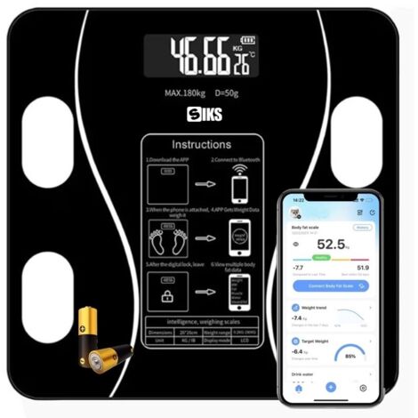 [JAMAIS UTILISÉ] Pèse-personne électronique intelligent avec application, écran numérique rétroéclairé, thermomètre, supporte jusqu'à 180 kg, batterie, noir