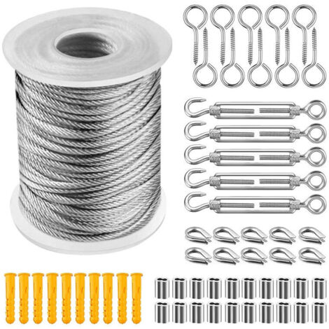[JAMAIS UTILISÉ] 304 Corde En Acier Inoxydable à Suspendre Kit, CâBle En Acier Inoxydable RevêTu De Nylon, Tendeur Cable Acier Pvc, Pour Corde De Tente, Corde à Linge, Lustre D'ExtéRieur,Jardin (30m)