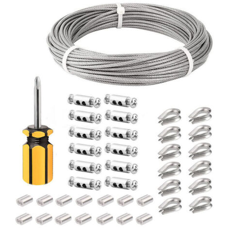 [JAMAIS UTILISÉ] Cable Inox 3mm,50M/3mm Corde en Acier Inoxydable,Cable en Acier Revêtu avec Serre-Câbles,M3 Manchons,Cosses en Acier Inoxydable,3mm Cable Métallique pour Fil a linge,Cable de Garde Co