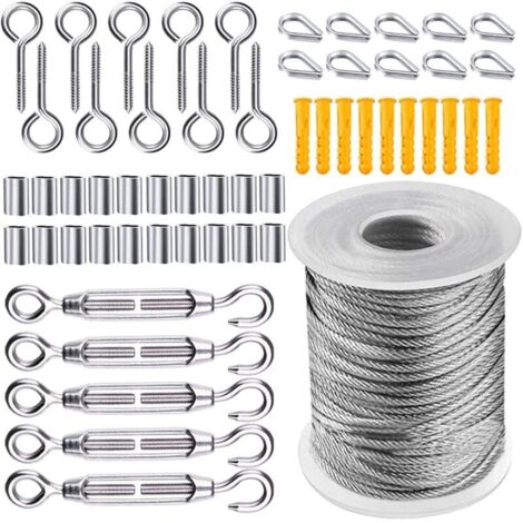 [JAMAIS UTILISÉ] Kit de Câble Métallique 50m, Cable Acier Jardin Tendeur, Corde en Acier Inoxydable à Suspendre Kit, Câble en acier inoxydable revêtu de Nylon pour Corde à Linge Corde de Tente, 56 Piè