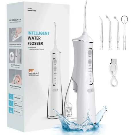 [JAMAIS UTILISÉ] Hydropulseur dentaire portable sans fil 300 ml, rechargeable, étanche IPX7, pour le nettoyage des dents (blanc) (1/5)