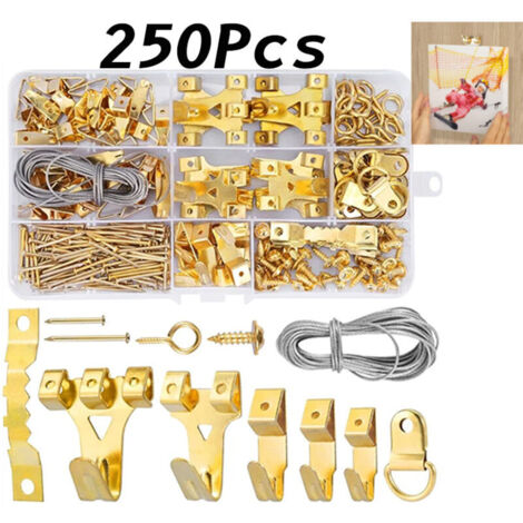 [JAMAIS UTILISÉ] 250 Pièces Crochet pour Cadre Photo, Fixation de cadre et tableau,Kit de Suspension de Tableaux, avec Vis, Clous, Anneau en D et œil à Vis, cintres en Dent de Scie, câble d'acier (1/4)