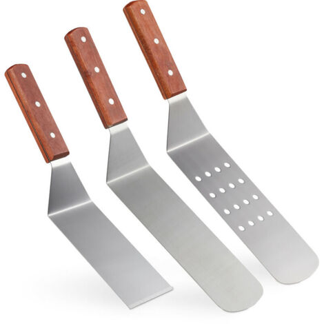 [JAMAIS UTILISÉ] Spatule barbecue, set de 3, grill, hamburgers, cuisine, acier inoxydable, manche en bois, brun rouge (1/5)