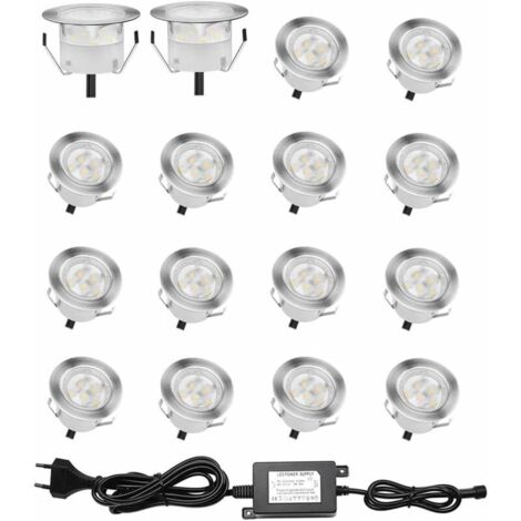 [JAMAIS UTILISÉ] Lot de 16 Spots LED Encastrable pour Terrasse Bois, Etanche IP67, Spots à Encastrer Extérieur, 0,6W DC12V, Lumière Blanc, Kit Mini Lampe pour Chemin Contremarches d'escalier Plafond [