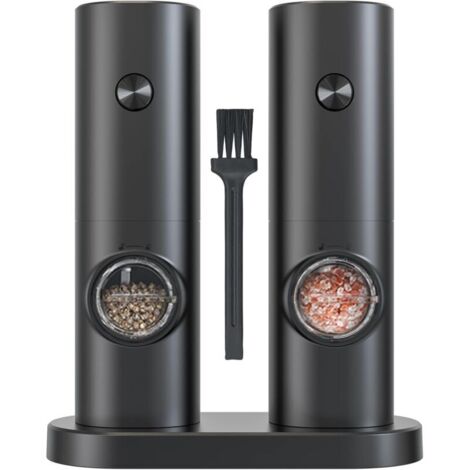 [JAMAIS UTILISÉ] Ensembles de Moulin à Sel et Poivre Electrique,Moulin a Poivre avec Base,Petite Brosse,Alimenté par 4 Piles AAA (non incluses),Finesse de Broyage Réglable (Noir) (1/4)