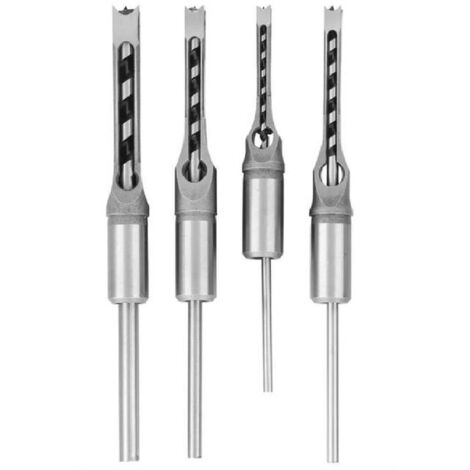 [JAMAIS UTILISÉ] Set de 4 bédanes creux pour trou carré - Forets à bois en acier pour menuiserie, compatible scie cloche carrée - Lot de forets à trou de perçage mortaiser (1/4", 5/16", 3/8", 1/2") - 