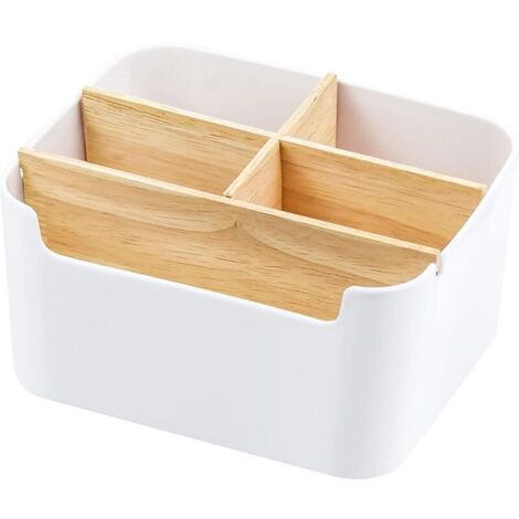 [JAMAIS UTILISÉ]Organiseur de bureau, porte-stylo en bois rangement de bureau support de télécommande en bois boîte multifonctionn ensemble accessoires de bureau en bambou pour crayon note, blanc (1/4)