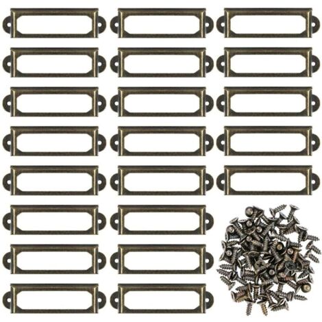 Lot de 50 porte-étiquettes en métal avec vis pour meubles, tiroirs, armoires, cartes, plaques de nom pour bureau, bibliothèque, étagères - Bronze (S-59 x 17 mm) (1/4)