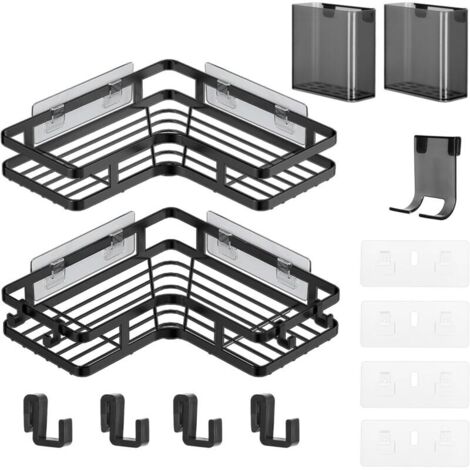 [JAMAIS UTILISÉ]2 étagères de douche sans perçage, étagère d'angle noire pour salle de bain avec seau à dentifrice et porte-rasoir, étagère de rangement épaisse antirouille pour salle de bain, cuisine