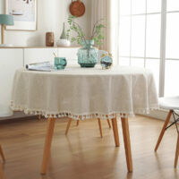 Round Stain-Resistant Tablecloth in Beige Cotton Linen Washable Table Linen with Fringes, Circular Tablecloths for Dining Table Kitchen 150 cm