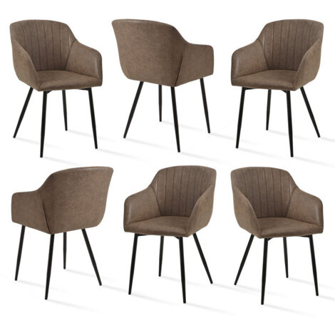 Dining chairs with armrests and lumbar support, sturdy metal frame, modern minimalistic design for living room, kitchen and bedroom - Set of 6 - Mocha Brown