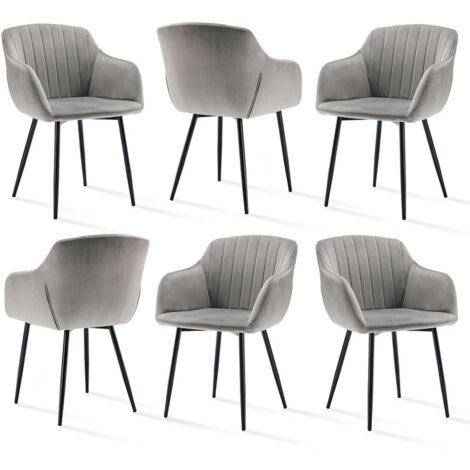 Dining chairs with armrests and lumbar support, sturdy metal frame, modern minimalistic design for living room, kitchen and bedroom - Set of 6 - Light Grey