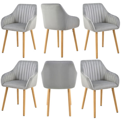 Minimalist dining chairs with comfortable backrests, ergonomic armrests and sturdy wooden legs – Set of 6 - Light Grey