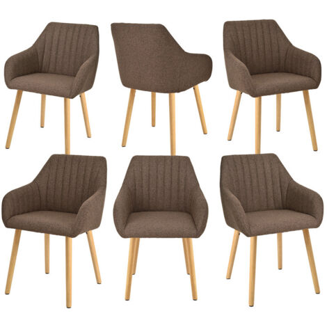 Minimalist dining chairs with comfortable backrests, ergonomic armrests and sturdy wooden legs – Set of 6 - Mocha Brown