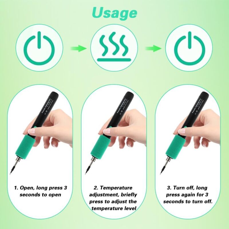 Diealles Kit Fer à Souder Sans Fil Rechargeable USB - Température Réglable 260°C-420°C, 3 Pointes, Avec Fil Et Pâte Diealles Kit Fer à Souder Sans Fil Rechargeable USB - Température Réglable 260°C-420°C, 3 Pointes, Avec Fil Et Pâte