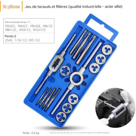 Coffret Tarauds et Filières 16 pièces M3-M12, Filetage Fin et Large, Acier Allié GCr15, Mallette de Transport - Kit de Taraudage et Filetage