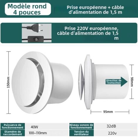 VMC hygroréglable-Bouche vmc 100 mm de diamètre - 160 mètres cubes/heure -pour salles de bains, cuisines, toilettes