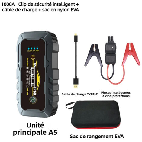 Chargeur, booster et câbles de démarrage12V-Chargeur de batterie-compresseur-Chargeur de batterie Boost-batterie 6000 mAh  1000A avec éclairage LED - pour voitures, motos,sac en nylon EVA (1/5)