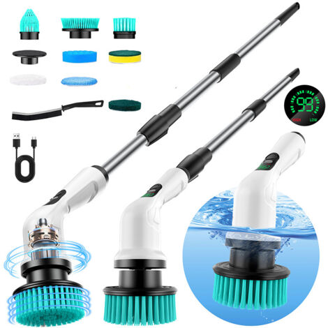 Brosse Nettoyage Electrique, Brosse Rotative Nettoyage avec Batterie 2000mAh, 9 Têtes Interchangeables, Manche Réglable, IPX6 Étanche, 2 Vitesses, Idéale pour Salle de Bain, Maison et Cuisine
