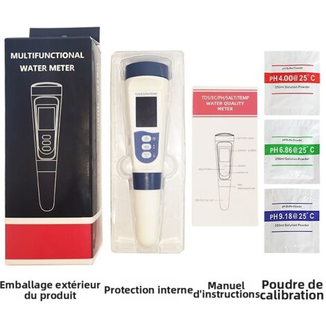 Testeur numérique de qualité de l'eau 4 en 1 pour piscines et hydroponiques, pH/ORP/TDS/EC/salinité/température avec solution d'étalonnage ORP pour aquariums, eau potable, brassage (1/3)