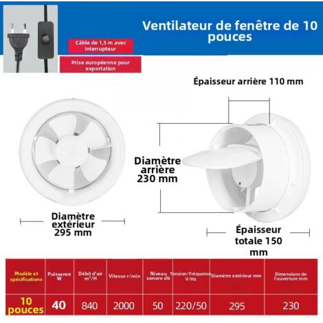 Ventilateur Extracteur d'air 295 mm , 2000tr/min 840m³/h, VMC , Débit D'Air Puissant DC Facile Installer Salle de Bain Lavoir Garage,10 pouces